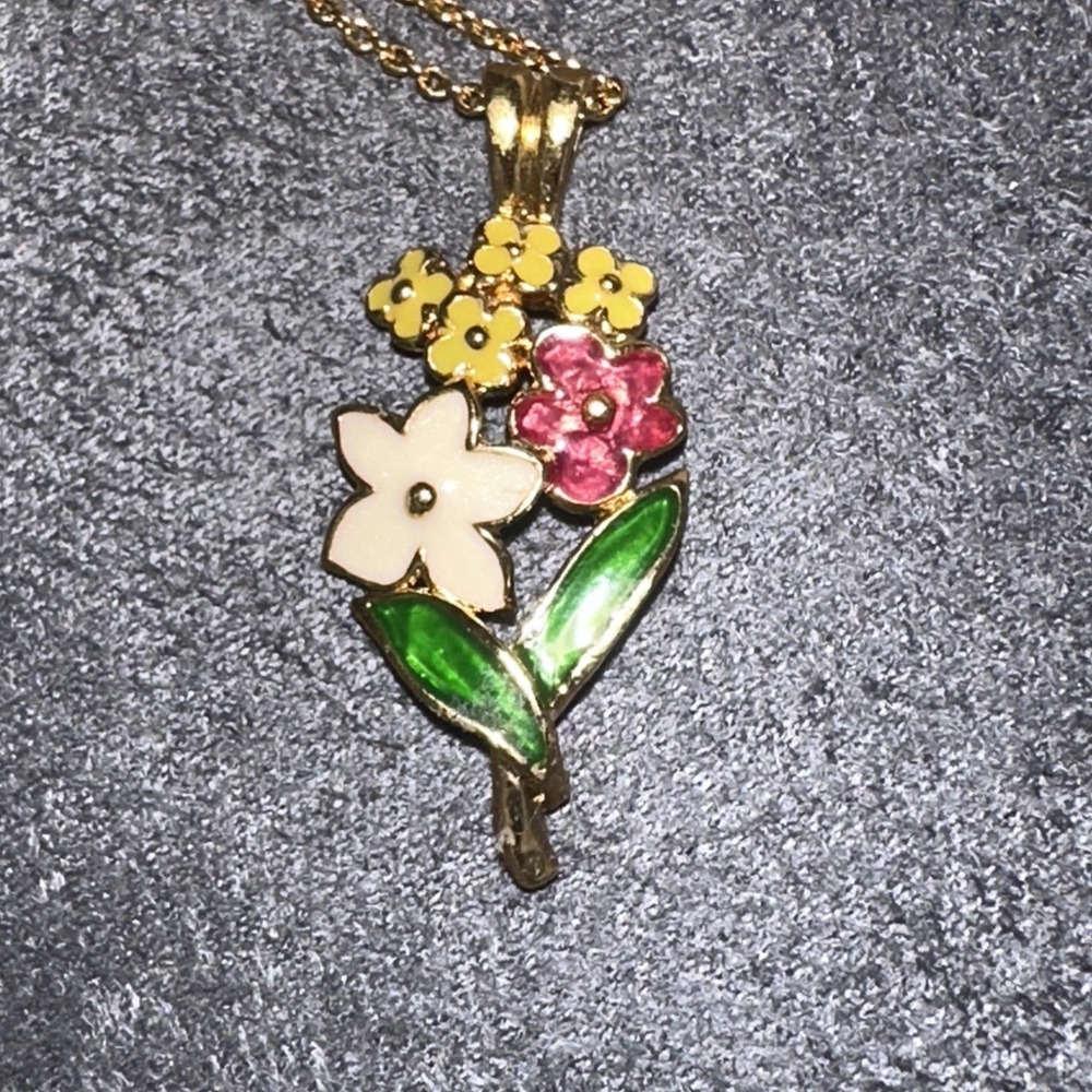 VTG Gold Tone Multicolor Enamel Flower Pendant Necklace Womens 18" Spring Ring